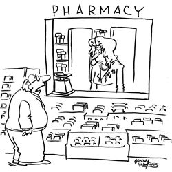 Man at pharmacy window - "One silver bullet, please"