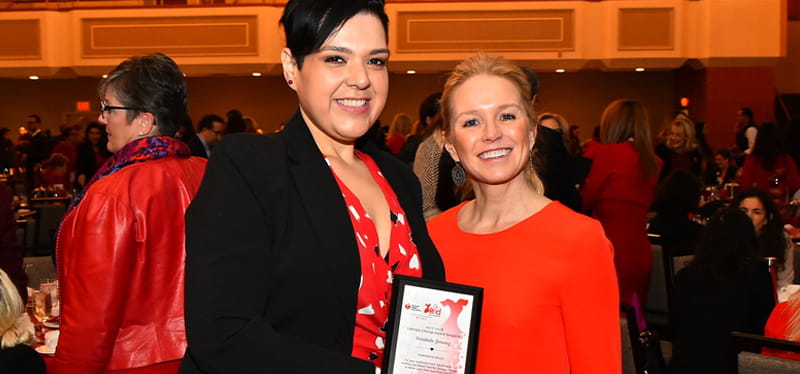 Annabelle Jimenez (left) received the New York Lifestyle Change Award from Macy’s executive vice president Molly Langenstein at the 2018 Go Red For Women Luncheon in New York City. (Photo courtesy of Annabelle Jimenez)