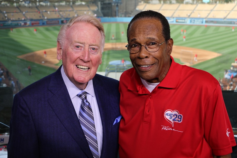 Rod Carew with Dodger's broadcaster Vin Scully at Dodger Stadium.