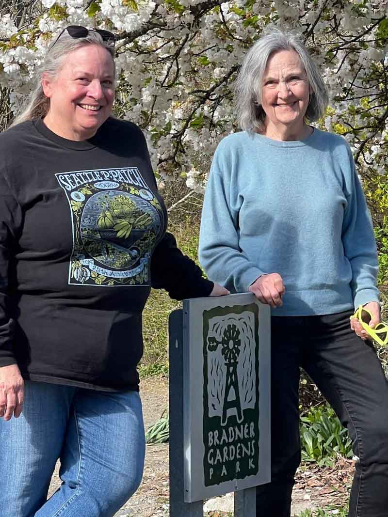 Joyce Moty (right) and her friend and fellow gardener, Pamela Williams, at the Bradner P-Patch near Seattle. Williams, a nurse practitioner, recognized Moty was having a stroke when her words weren't making sense and the right side of her face was drooping. (Photo courtesy of Tom Travis)