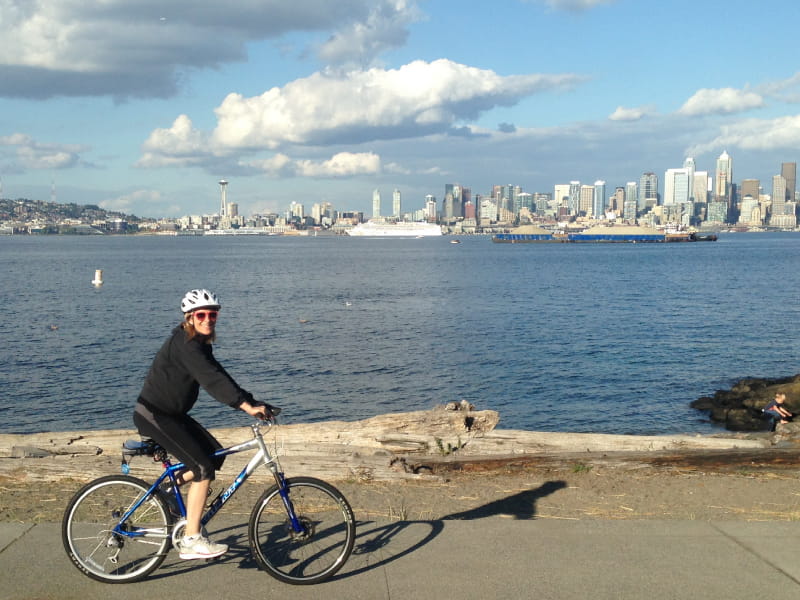 Laura Vanderpool riding her bike along the waterfront in Seattle. (Photo courtesy of Laura Vanderpool)