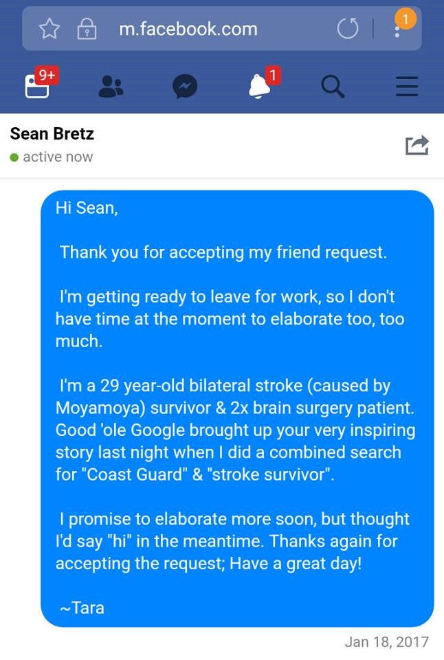 The original Facebook note Tara wrote to Sean, introducing herself.