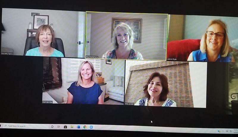 A screenshot of Dorothy Farris hosting a weekly "Cocktails and Conversation" call on Zoom with her friends in August 2020.