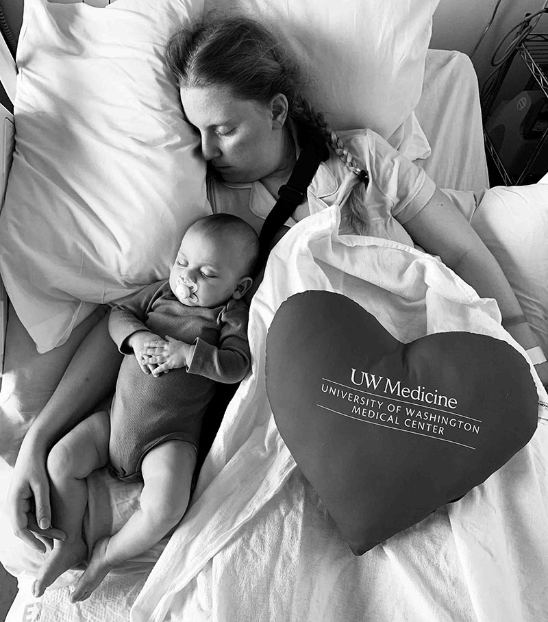 Kristy Novillo naps in the hospital with her son, Dominic, while recovering from surgery.  (Photo courtesy of Jorge Novillo)