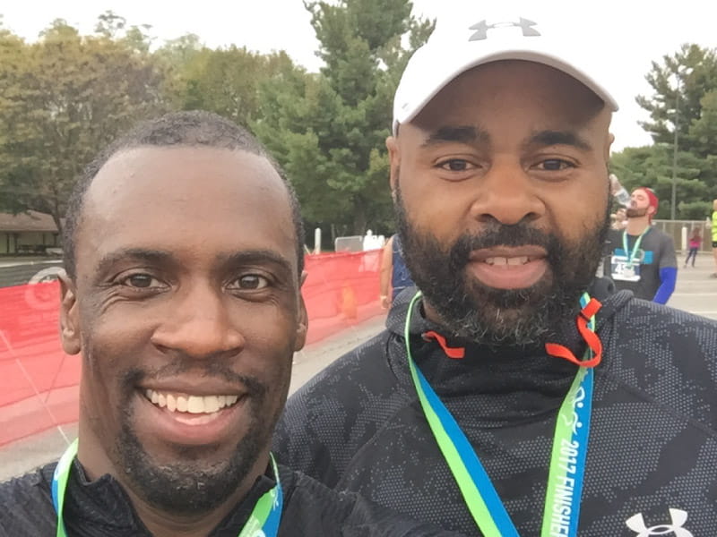 Cardiac arrest survivor Mark Allen (right) with his friend and trainer Devon Mitchell. (Photo courtesy of Mark Allen)