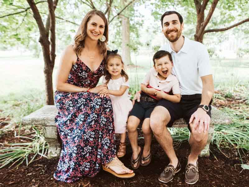 Peripartum cardiomyopathy survivor Jessica Grib with her family. From left: Jessica, daughter Amelia, son Noah and husband Kevin. (Photo by Heather Wellmeier Photography)