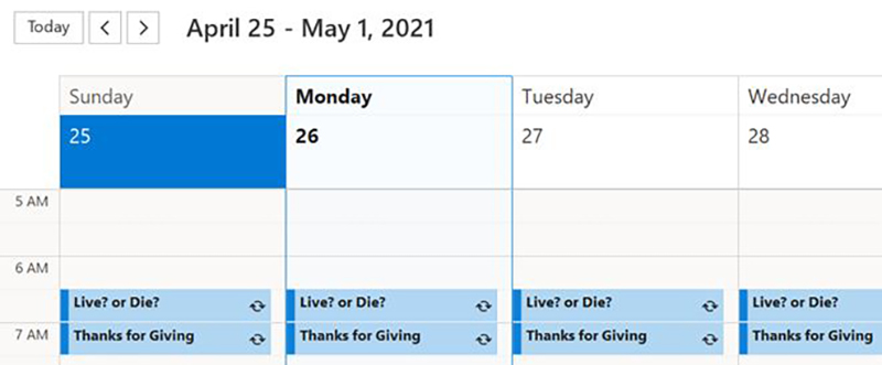 A screenshot of part of Kirksey’s calendar for this week. Each item has a reminder that dings 15 minutes before the appointed time. (Image courtesy of Kevin Kirksey)