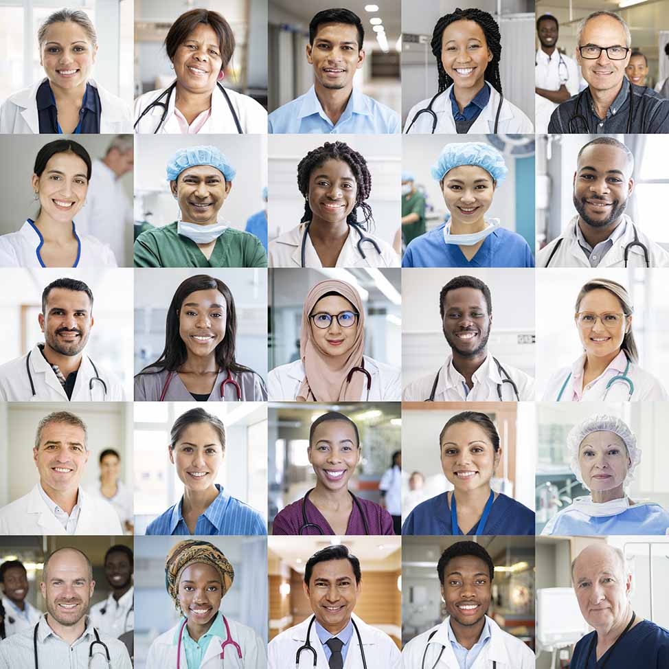 Image with many different faces of hospital staff, including doctors, nurses, administrative people, and others.