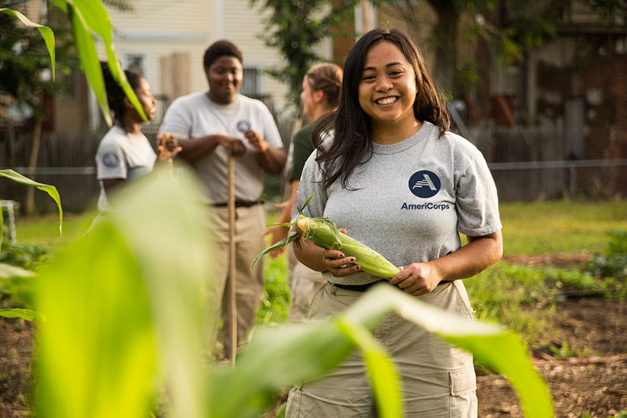 Young woman and other members of AmeriCorps helping to harvest corn in a field