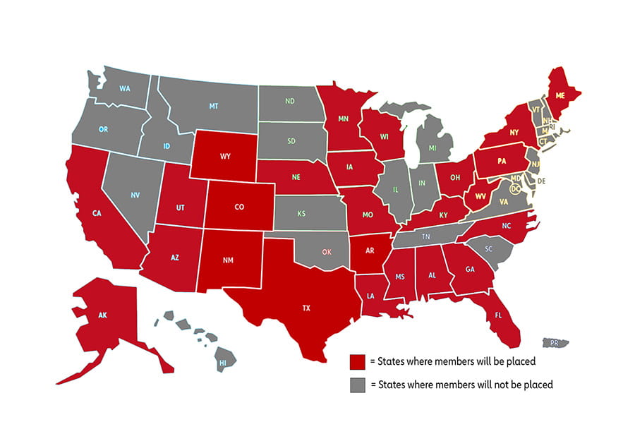 Map of the US showing states where members will be placed and states where members will not be placed