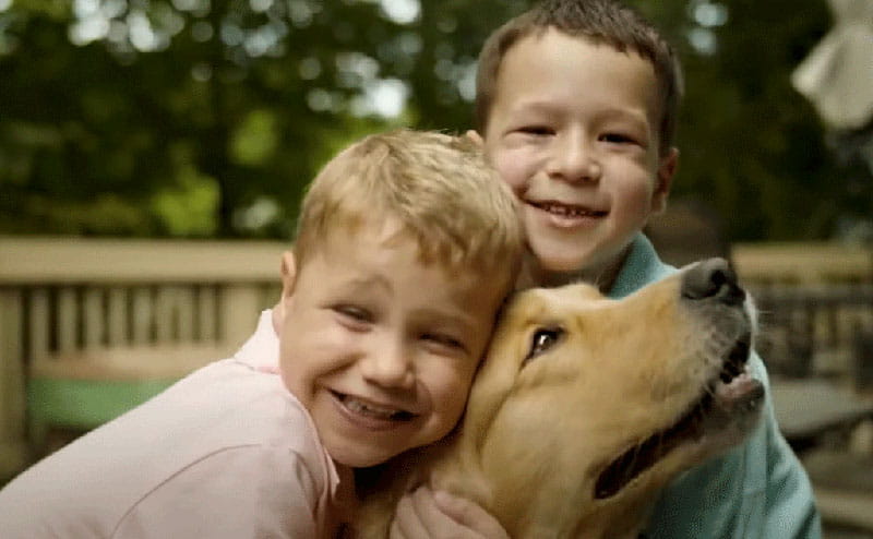 Finn Kelly and his brother hug their dog