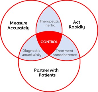 Measure Accurately, Therapeutic Inertia, Act Rapidly, Treatment Nonadherence, Partner with Patients, Diagnostic Uncertainty, Control  