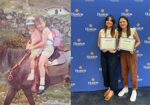 split image of sisters Andrea and María Jesus Vásquez: a childhood photo on the left and a present day photo on the right split image of sisters Andrea and María Jesus Vásquez: a childhood photo on the left and a present day photo on the right
