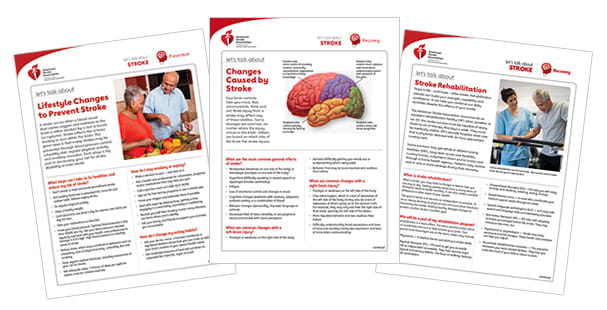 Three Let’s Talk About Stroke information sheets are arranged in an arc.