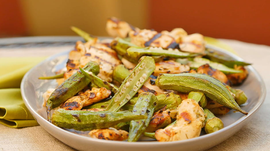 Grilled Lemon Garlic Chicken with Grilled Okra