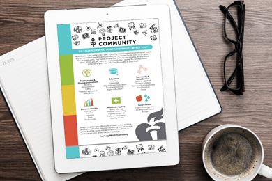 Tablet on a desk showing Project Community infosheet
