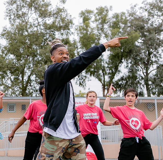 dancer with kids in American Heart Challenge dancer with kids in American Heart Challenge