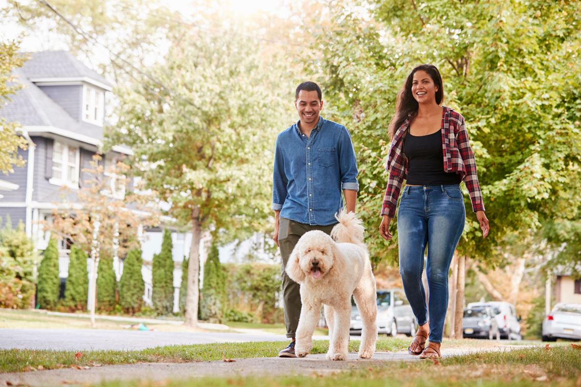Neighbors walking dog along suburban street