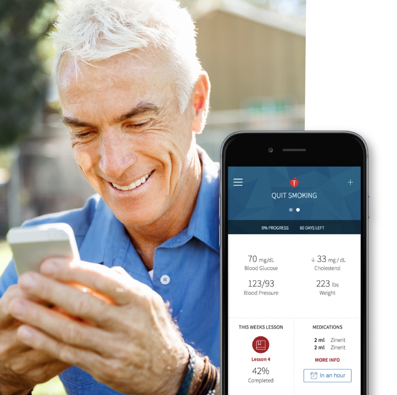 Man looking at cell phone with My Cardiac Coach screenshot