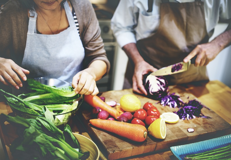 cooking skills and food couple chopping healthy food