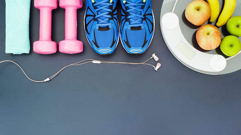 healthy snacks and workout equipment