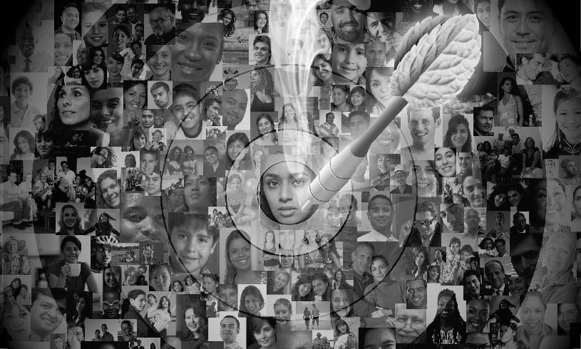 Target on a dart board with faces of many minority race individuals superimposed, dart lodged in the bullseye with menthol leaf on the end