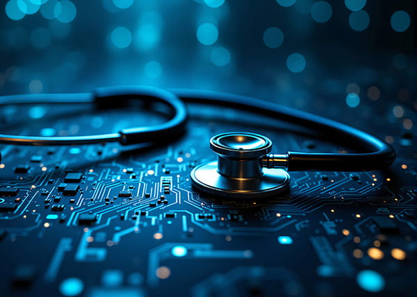 A stethoscope lying on a large circuit board