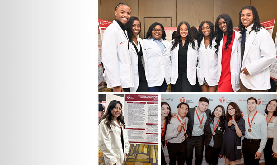 A grid of three groups of scholars wearing lab coats and medals