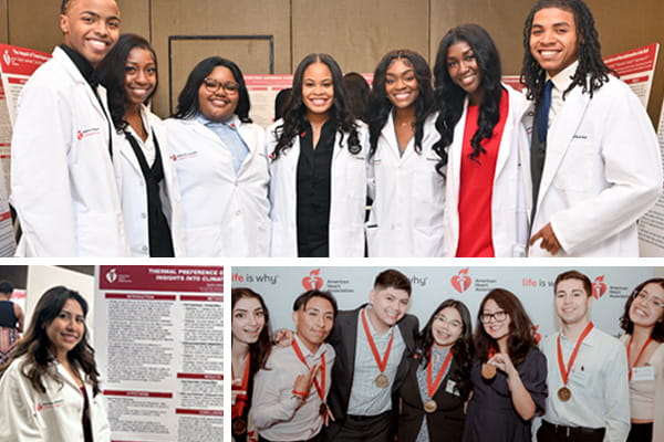 A grid of three groups of scholars wearing lab coats and medals
