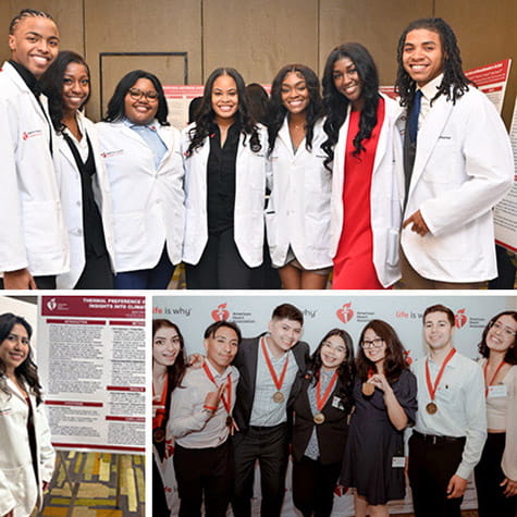 A grid of three groups of scholars wearing lab coats and medals