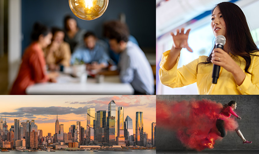 A grid of images with a lightbulb over a collaborative group around a table, a woman in yellow speaking with a microphone, a woman in red running and the NYC skyline.