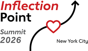 A black arrow line curving up through a red heart divides "Inflection Point Summit 2026" to the left and "New York City" to the right.