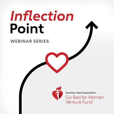 A black arrow line curving up through a red heart divides "Inflection Point Webinar Series" in the upper left corner and the AHA Go Red for Women Venture Fund logo in the bottom right corner. A black arrow line curving up through a red heart divides "Inflection Point Webinar Series" in the upper left corner and the AHA Go Red for Women Venture Fund logo in the bottom right corner.