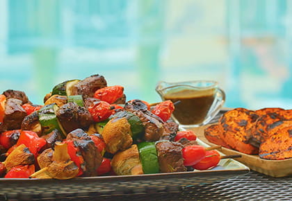 Balsamic Steak Skewers with Mixed Vegetables and Grilled Sweet Potatoes