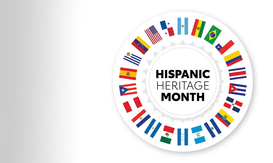The words "Hispanic Heritage Month" are surrounded by a ring of flags from Hispanic/Latino countries. The words "Hispanic Heritage Month" are surrounded by a ring of flags from Hispanic/Latino countries.