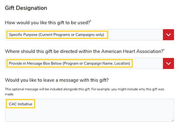 screenshot showing "CAC Initiative" in the write-in box for the question "Would you like to leave a message with this gift?"