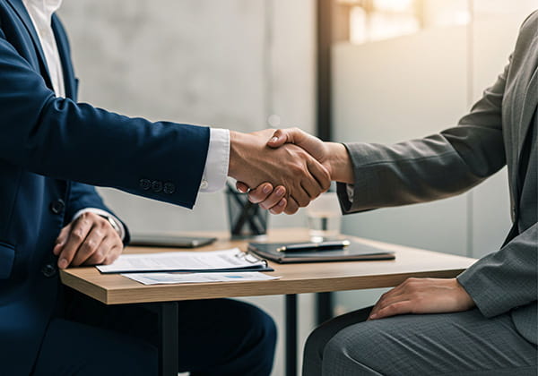 close up on two people's hands giving a handshake across a table
