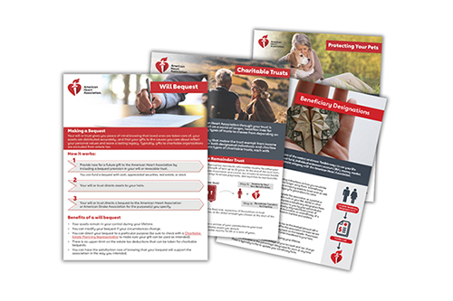 thumbnail image of four brochures: Charitable Bequest, Charitable Trusts, Beneficiary Designations, Protecting Your Pets