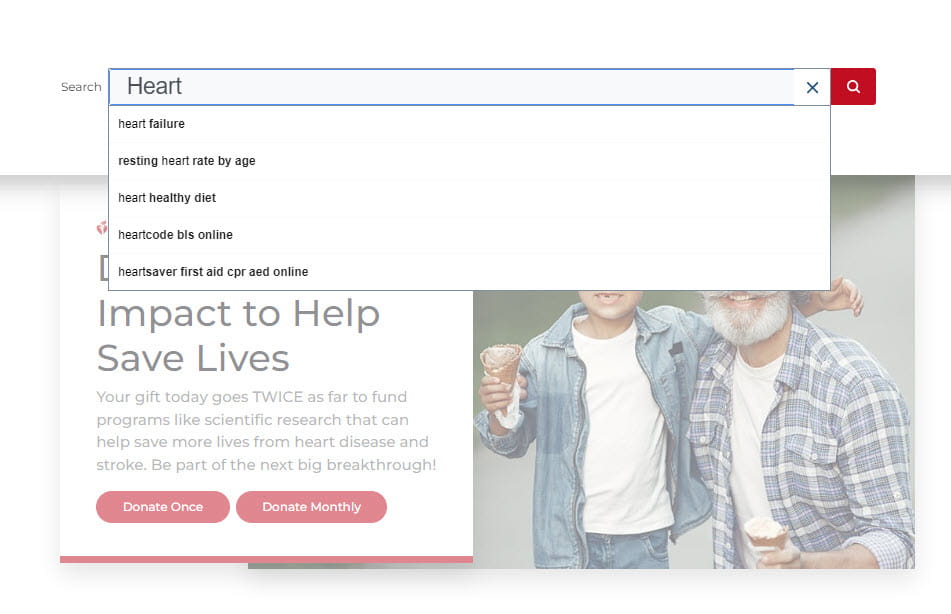 Search suggestions on heart.org