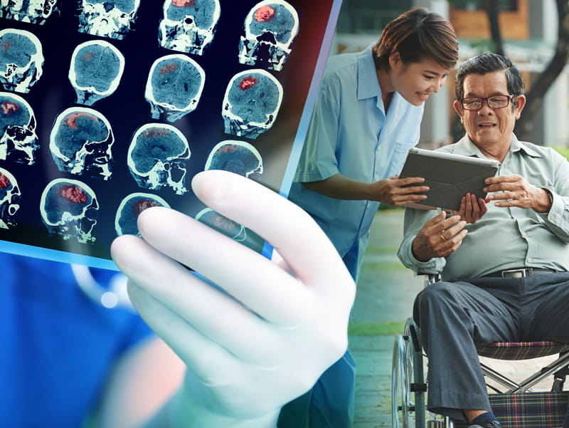 Brain scan images and doctor with stroke patient.