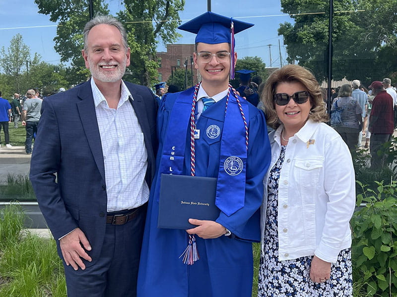 Michael Bonnardi and his wife, Maureen, with their son, Jeff, at his graduation from Indiana State University in May 2025
