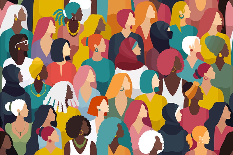 an illustration of many women of different races and faiths gathered together and all looking in the same direction