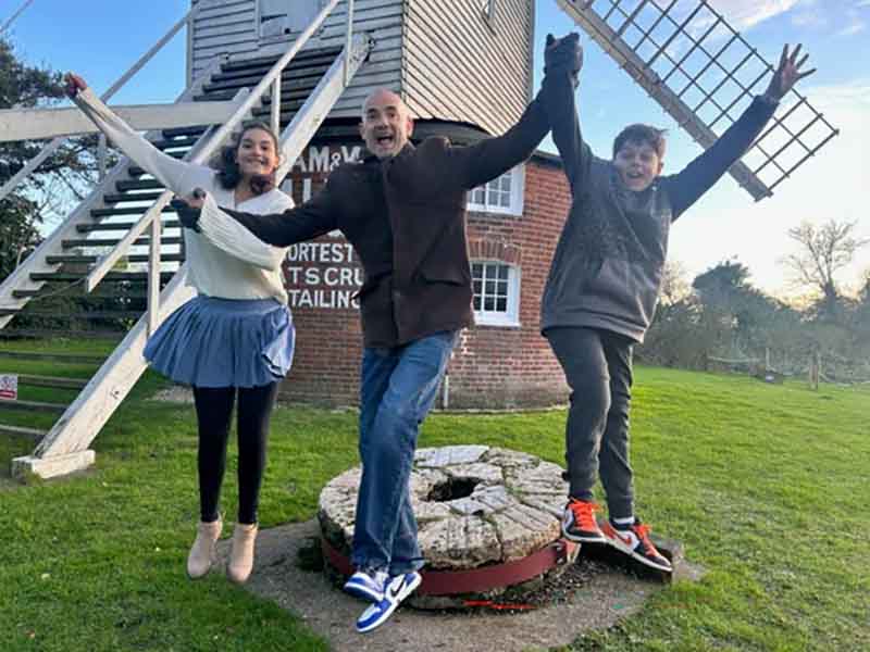Alex Lasprilla with children Camdyn and Harrison at Bocking Windmill, Essex, U.K. (2025).