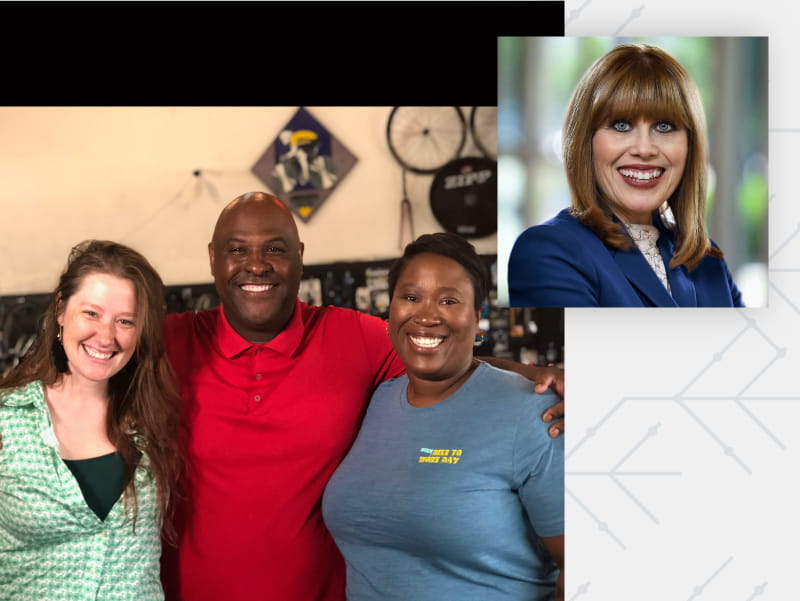 Kathryn Doornbos (left), executive director of Redemptive Cycles, reporter Jeh Jeh Pruit (center) and city leader Jeniese Hosey, during Bike to Work Day 2018.