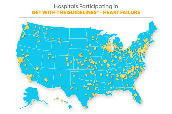 USA map with hospital locations marked by yellow dots: Hospitals participating in Get With The Guidelines - Heart Failure