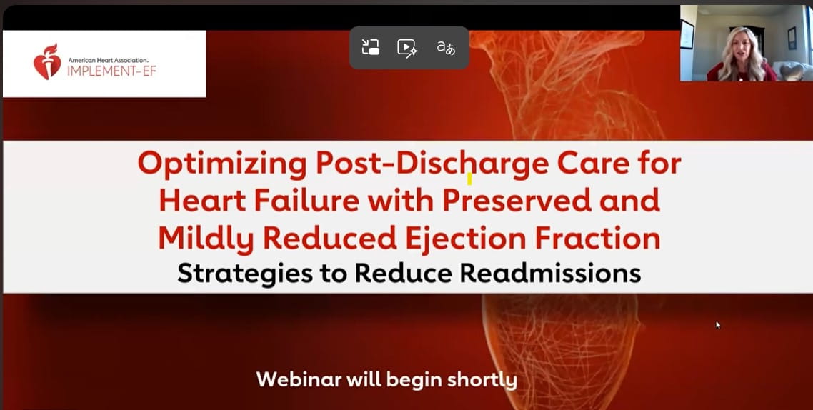 First slide of the webinar Optimizing Post-Discharge Care for Heart Failure with Preserved and Mildly Reduced Ejection Fraction 