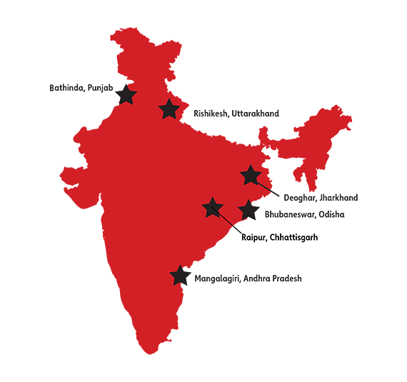 A red silhouette map of India marked with black stars indicating six labeled locations. The labels identify Bathinda in Punjab at the northwest, Rishikesh in Uttarakhand slightly north of center, Deoghar in Jharkhand toward the east, Bhubaneswar in Odisha on the eastern side, Raipur in Chhattisgarh in central India, and Mangalagiri in Andhra Pradesh in the southeast.