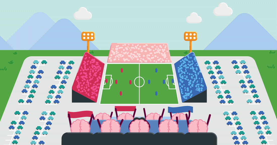 A colorful wide angle illustration of pink brain characters watching a soccer game and cheering from the stands