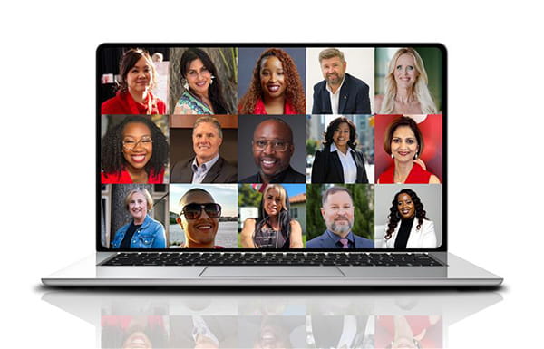A colorful grid of diverse faces on a laptop screen.