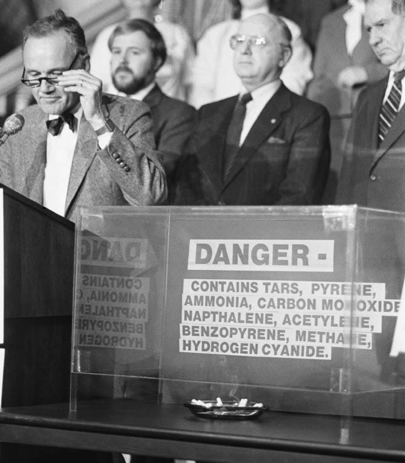Cardiologist and University of Pennsylvania Professor of Medicine J. Edwin Wood, an AHA volunteer, raises the alarm about toxic chemicals in cigarette smoke in a 1987 demonstration in Harrisburg, Pennsylvania. (Bettmann via Getty Images)